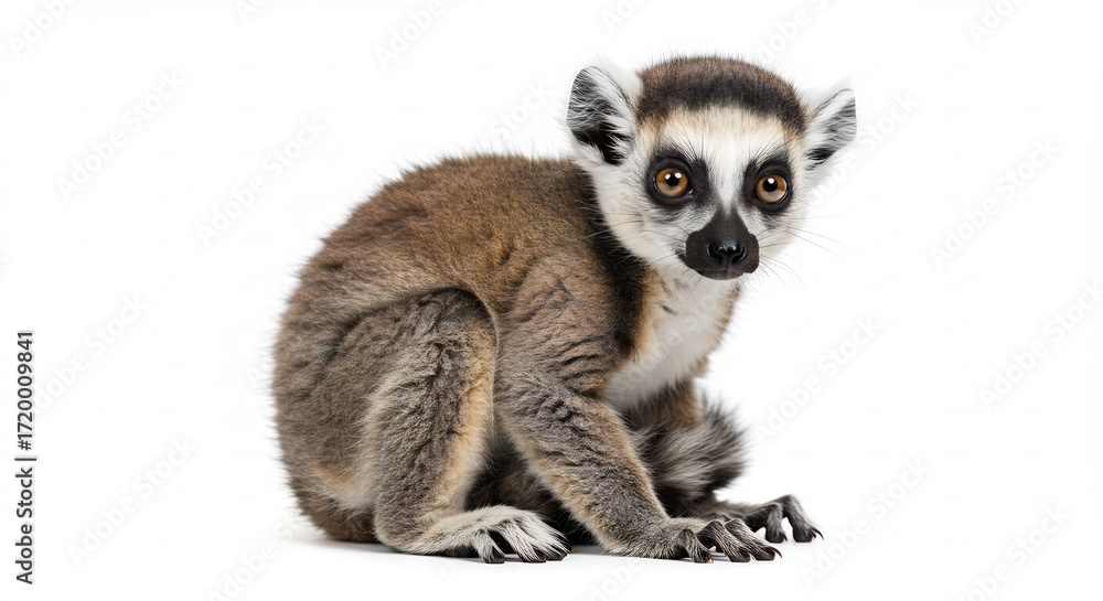 Fototapeta premium 愛らしいワオキツネザル 白い背景で穏やかに座る 優しい光に包まれ輝く瞳. AI Generated