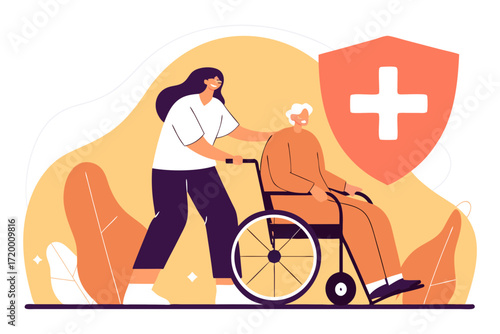 Nurse Helping Patient in Wheelchair Flat Style Vector