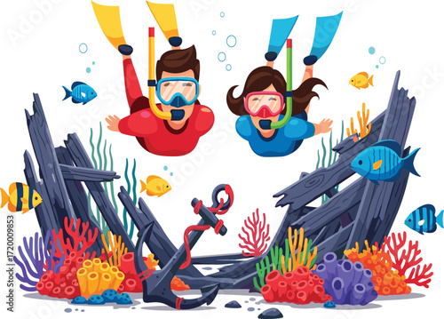 Scuba divers exploring underwater shipwreck, coral reef with tropical fish, snorkeling adventure, marine life discovery, aquatic ocean scene, diving exploration journey