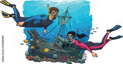 Man and woman snorkeling underwater, exploring shipwreck with tropical fish and coral reef, scuba diving adventure, ocean activity, marine life exploration
