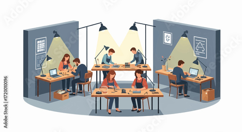 People engaged in a workshop, developing electronic devices and circuit boards, with focused attention on their tasks
