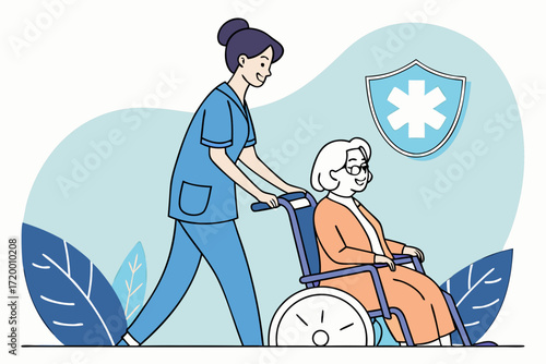 Clinical Staff Pushing Wheelchair Vector Illustration