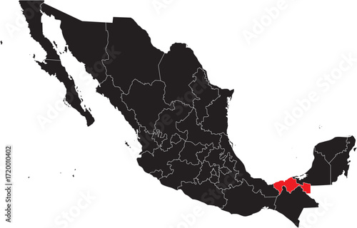 Tabasco State Region on Mexico Map