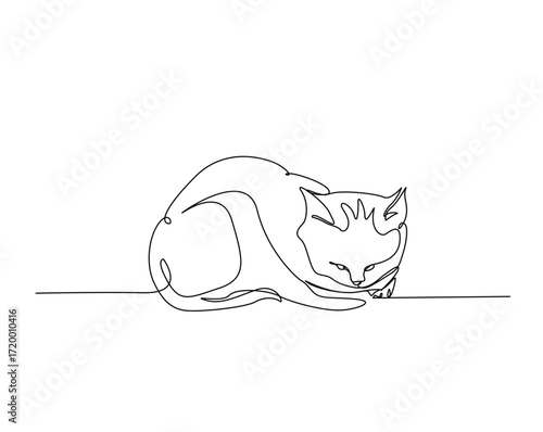 Cute lazy cat outline illustration. Continuous line drawing of sleepy kitty.