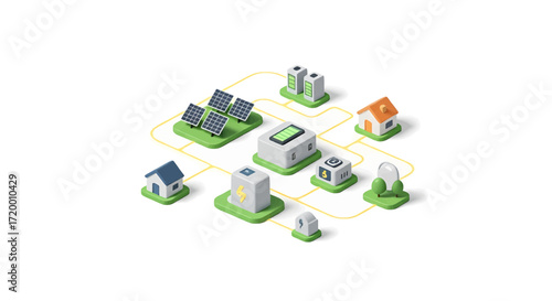Isometric illustration of a smart grid with solar panels, homes, and energy storage systems