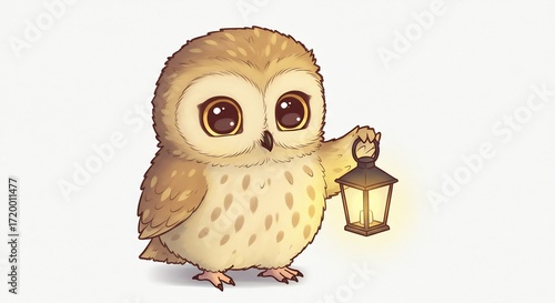 可愛いフクロウ 温かい光灯る 優しい絵柄. AI Generated