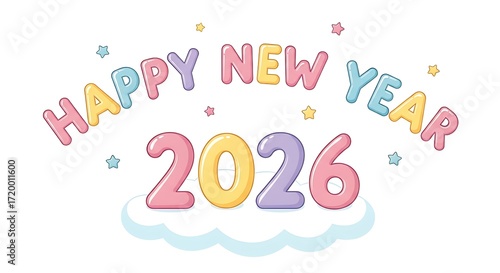 Happy new year 2026 text made of balloons on clouds isolated