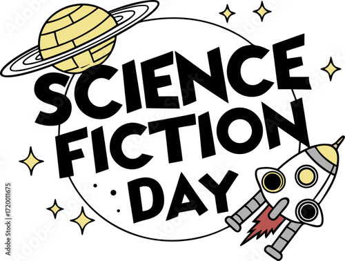 Vector art of science fiction day text with planet and rocket illustration