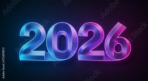 Luminous 2026 in 3D Glass with a Vibrant Blue and Magenta Neon Gradient Light.