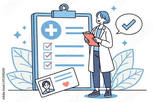 Doctor Standing Near Medical Clipboard Vector