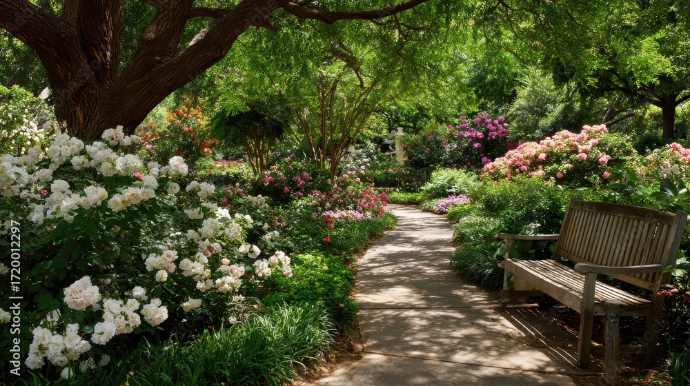 Fototapeta premium Tranquil Garden Scene at the Dallas Arboretum: Lush Flowerbeds, Inviting Benches, and Serene Pathways