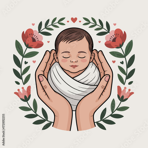 Gentle hands cradle a sleeping baby surrounded by floral wreath