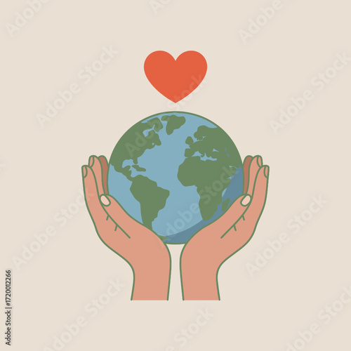 Hands holding planet earth with a heart above symbolizing love and care for the world