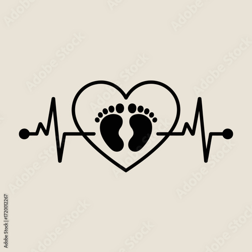 Heartbeat line with baby feet in heart symbol representing new life and love
