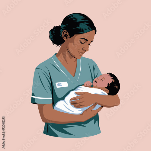 Nurse holding a newborn baby with care and tenderness