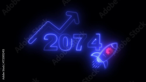 Wallpaper Mural Blue neon 2074 year with upward arrow graph and rocket ship icon on black background new year Torontodigital.ca