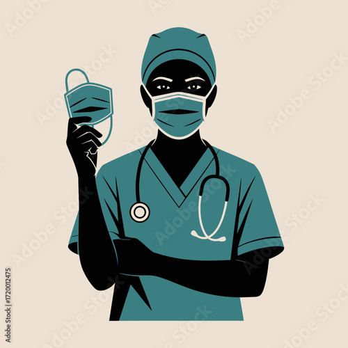 Doctor wearing scrubs and mask holding iv bag and stethoscope
