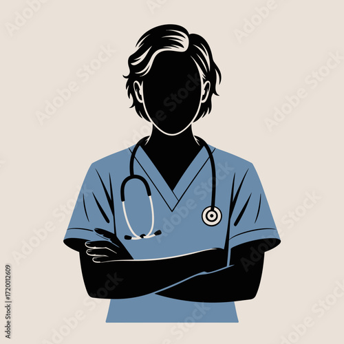 Silhouette of a medical professional wearing scrubs and a stethoscope
