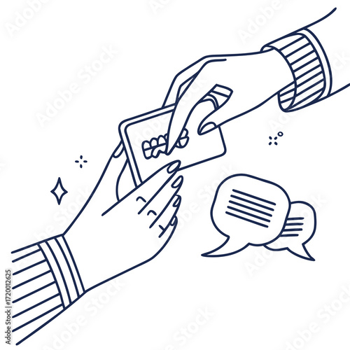 Hands exchanging a credit card with speech bubbles