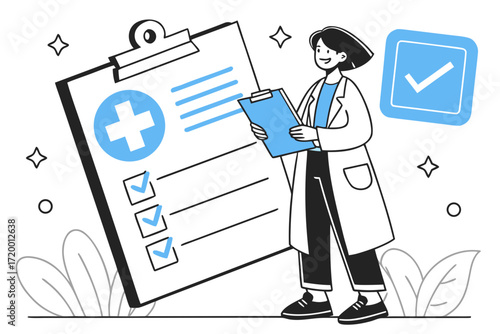Doctor Standing Near Big Clipboard Vector Art