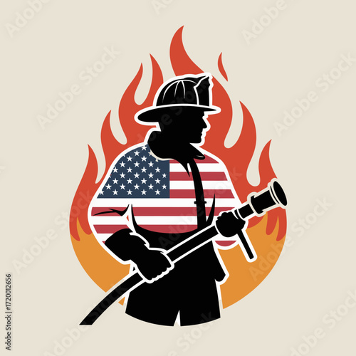 Silhouette of a firefighter in front of flames holding a hose with american flag overlay