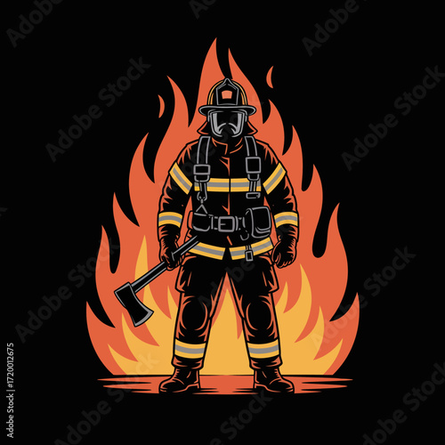Brave firefighter standing strong against intense flames holding an axe