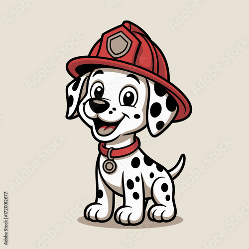 Cute cartoon dalmatian puppy wearing a firefighter helmet and collar