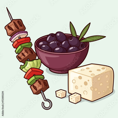 Delicious Mediterranean flavors with grilled meat skewers, rich black olives, and creamy feta cheese for a vibrant, healthy meal idea