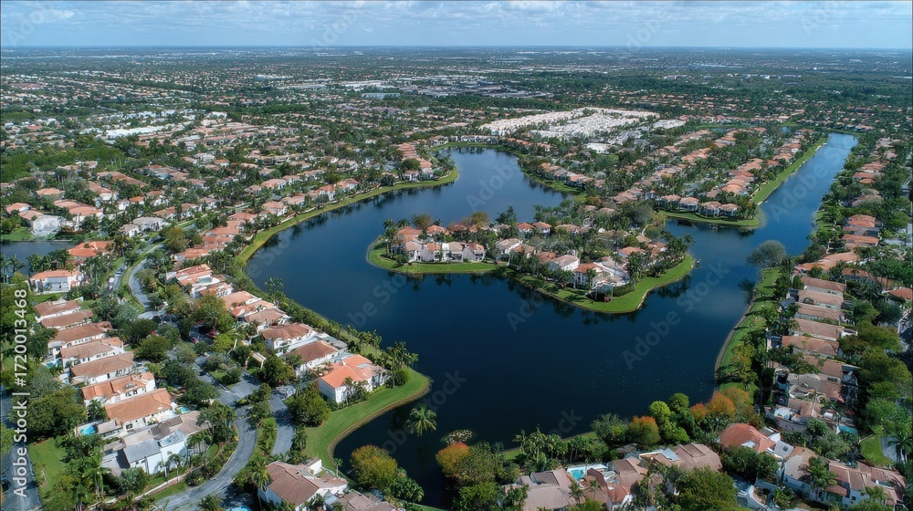 Fototapeta premium Bird's Eye View of Homes in Pembroke Pines, Florida with Scenic Lake Reflection