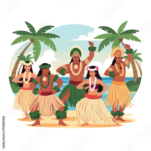 Experience the vibrant culture of Hawaii with stunning hula dancers performing a traditional dance on a sunny beach under swaying palm trees