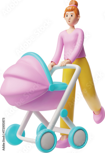3D woman character with a stroller, front view, isolated icon.