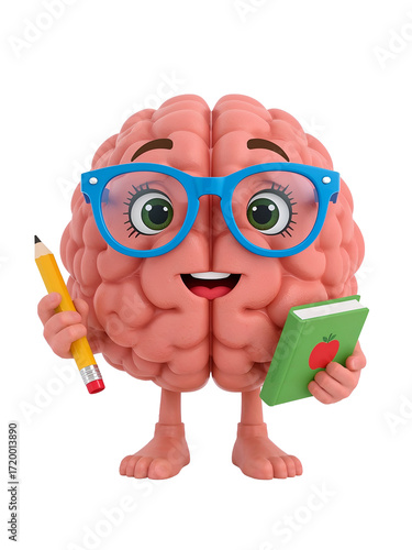 Animated Brain Character with Glasses Holding a Pencil and a Book graphic design transparent background isolated on a transparent background