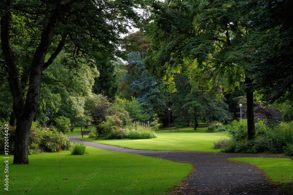Obraz premium Serene Veterans Park in Aberdeen: A Lush Green Oasis with Foliage, Lawn, and Tranquil Pathways