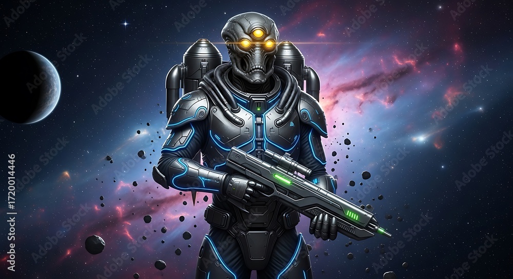 Fototapeta premium A futuristic space warrior stands ready with high-tech weaponry in a vast, cosmic setting, showcasing vibrant colors and detailed armor.
