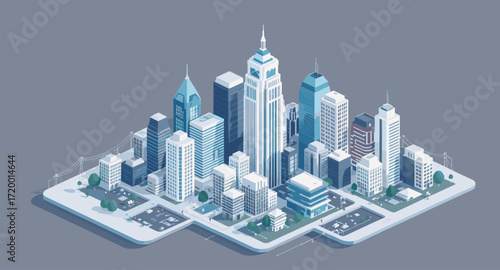 Modern city skyline illustration with isometric perspective, perfect for urban planning, architectural visualization, and real estate marketing projects