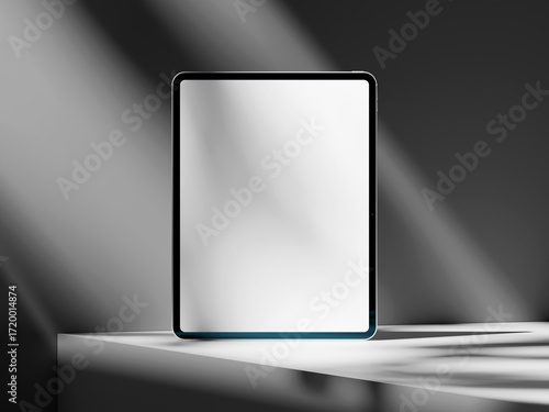 Sleek tablet screen mockup with soft shadows on a clean cement background, ideal for showcasing apps.
