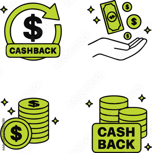 Cashback Icons Dollar Sign, Money Return, Rewards, and Finance.