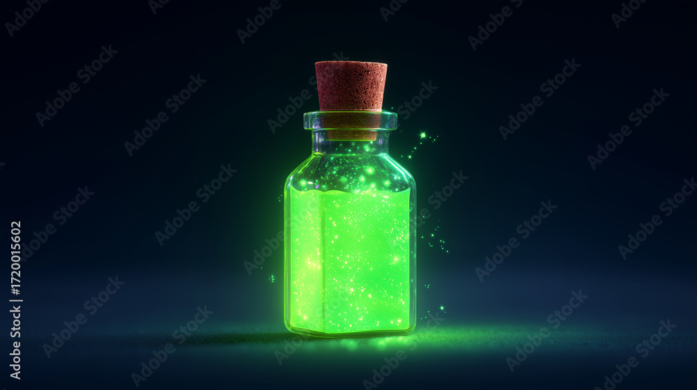 Fototapeta premium glowing green potion bottle with sparkling liquid, fantasy magic elixir illustration for Halloween, witchcraft, and mystical design