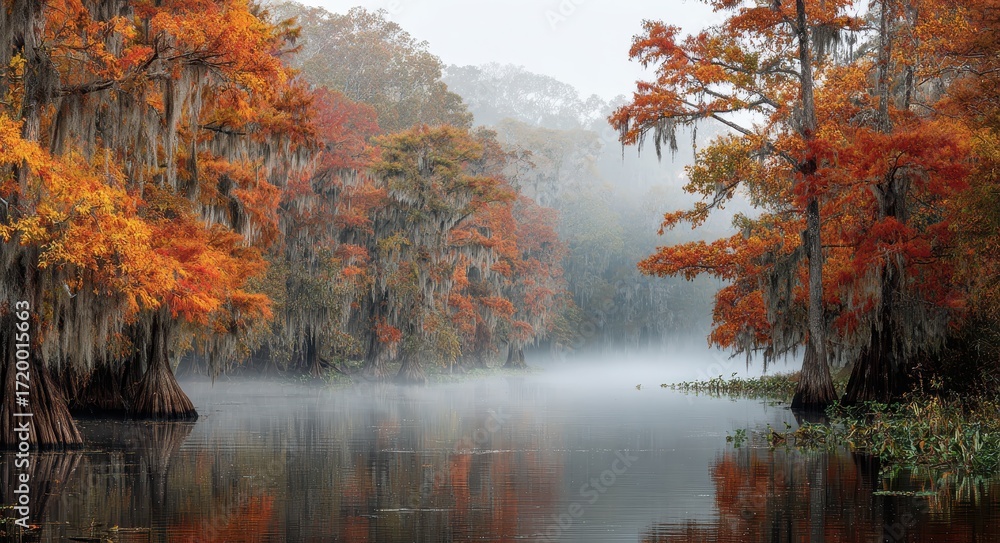 Fototapeta premium Misty Autumn in Atchafalaya: Enchanting Bayou Foliage and Serene Moods of Louisiana, USA