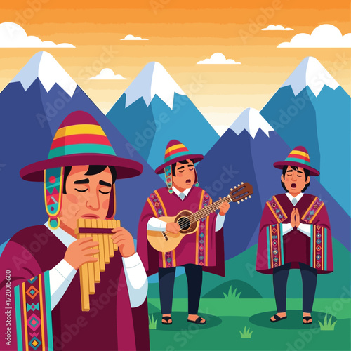 Experience vibrant Peruvian culture with musicians performing traditional music in front of stunning mountain scenery, perfect for travel and cultural promotions
