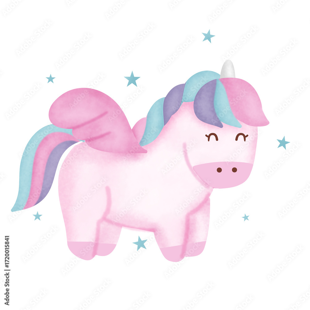 Fototapeta premium A pink unicorn with a blue and purple mane and tail