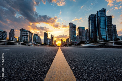 Urban City Skyline During Sunset with Tall Modern Buildings and Bright Sky