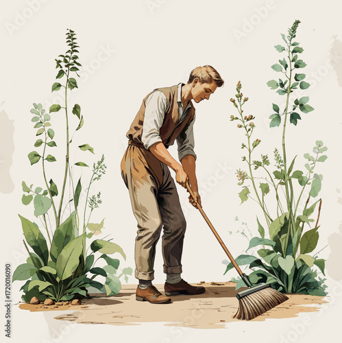 Man sweeping floor with calm focus against neutral background