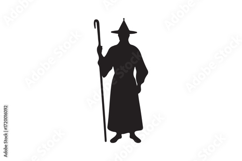 Silhouette of a wizard holding a staff and wearing a pointed hat