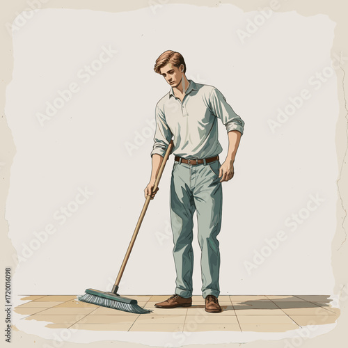 Man sweeping floor with calm focus against neutral background