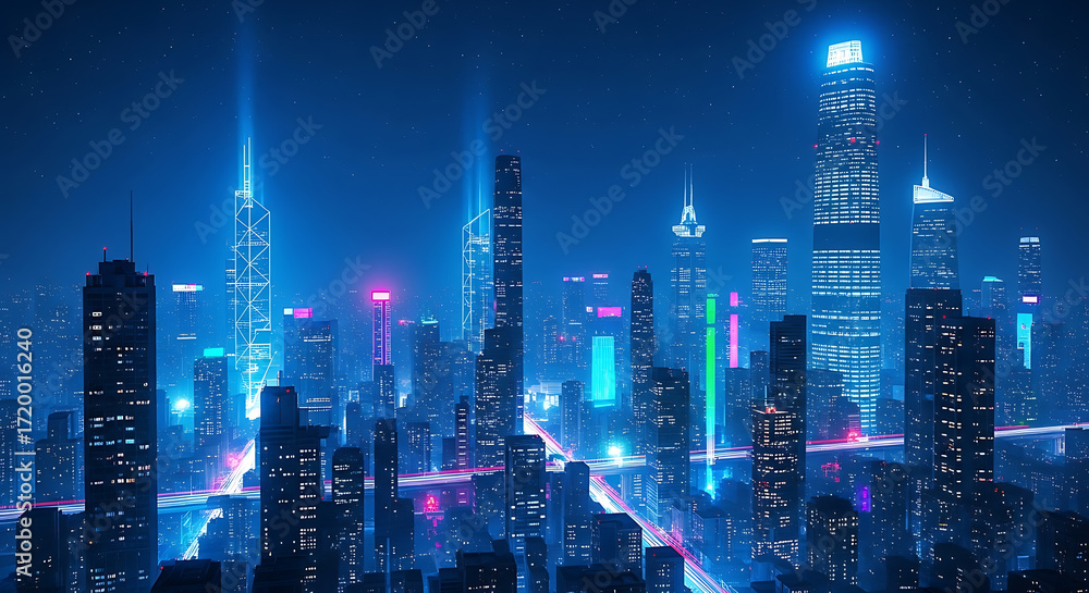 Obraz premium Nighttime skyline of a futuristic city with neon lights and streaks of light from moving vehicles.
