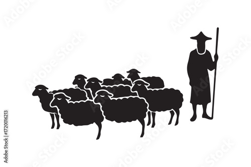 Silhouette of a shepherd guiding a flock of sheep