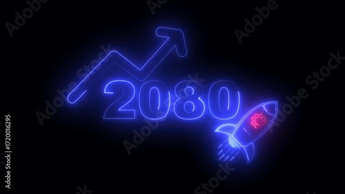 Wallpaper Mural Blue neon 2080 year with upward arrow graph and rocket ship icon on black background new year Torontodigital.ca
