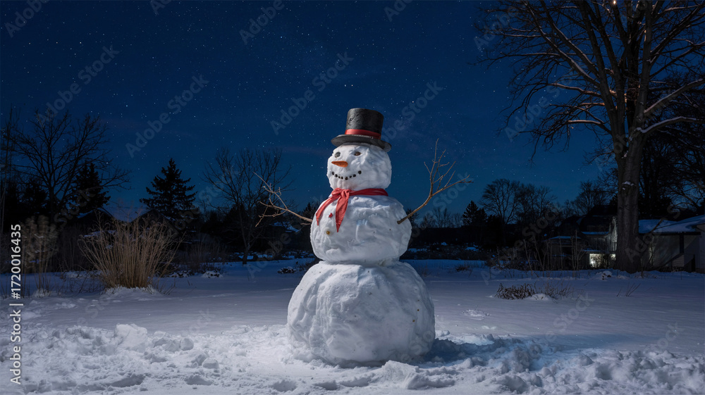 Obraz premium A snowman in the snowy yard stands alone after dark