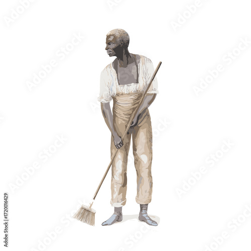 Man sweeping floor with calm focus against neutral background